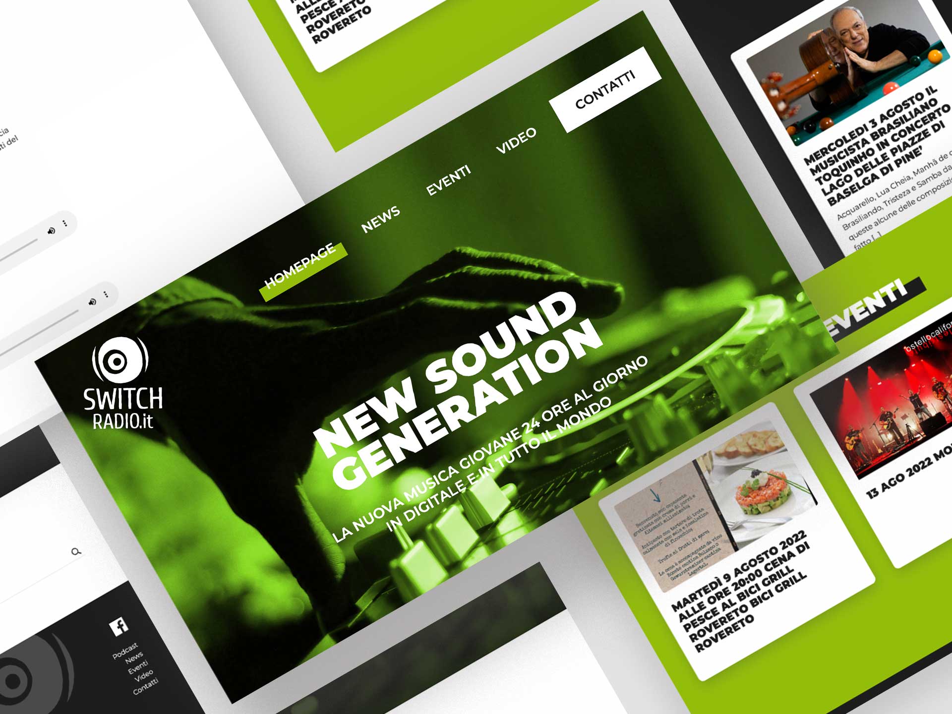 screenshot delle varie parti dell'homepage del sito web switchradio